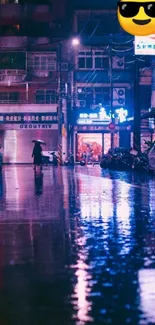 Neon-lit urban street at night with rain reflections.