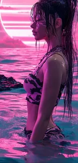 Vibrant neon ocean wallpaper with sunset.