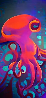 Colorful neon octopus in abstract mobile wallpaper on dark background.