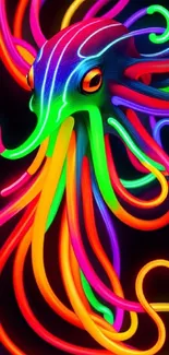 Colorful neon octopus with glowing tendrils on a dark background