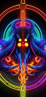 Colorful neon octopus design with vibrant patterns and futuristic style.