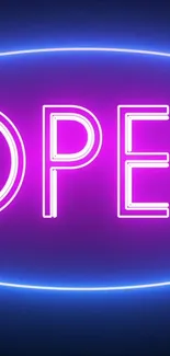 Neon 'OPEN' sign in purple and blue glow.