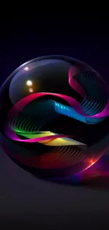 Vibrant neon orb with colorful swirls on dark background.