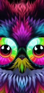 Vibrant neon owl with colorful feathers and large, expressive eyes.