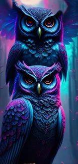 Neon blue and purple owls in a mystical forest setting.