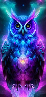 Vibrant neon owl with purple hues on cosmic-themed mobile wallpaper.