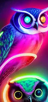 Vibrant neon owl art with bright colors and futuristic design.