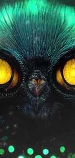 Neon green owl with glowing eyes on a dark background.