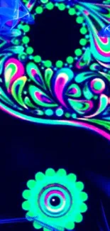 Vibrant neon paisley design with blues and purples for lively phone wallpaper.