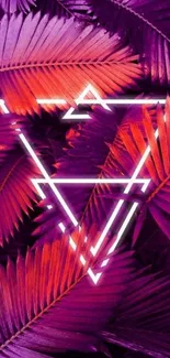 Vibrant neon palm leaves with geometric shapes on a purple background.