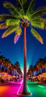 Vibrant neon palm tree on a colorful night street.