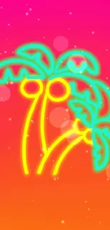 Neon palm tree on pink and orange gradient background.