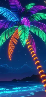 Neon palm tree with ocean backdrop wallpaper.