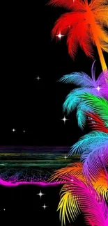 Vibrant neon palm tree wallpaper with a dark background.