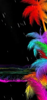 Vibrant neon palm trees on a black mobile wallpaper.