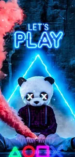 Neon panda with smoke and gaming symbols in vibrant colors.