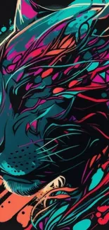 Neon panther with colorful accents in an abstract artistic style.