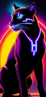 Neon panther in vibrant cosmic colors on a purple background.