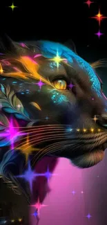 Neon panther art with colorful patterns and vibrant glowing effects.