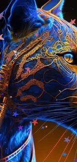 Colorful neon panther art wallpaper with blue and gold hues.