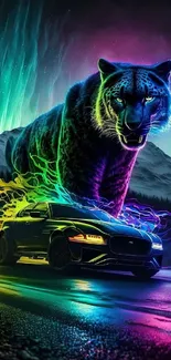 Neon-lit panther and sports car in vibrant aurora backdrop wallpaper.