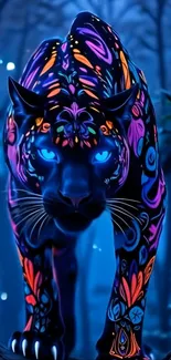 Neon panther with colorful patterns in a dark forest.