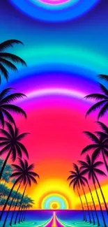 Neon sunset with palm trees and vibrant skies.