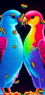 Vibrant neon parrots on a dark background, colorful mobile wallpaper.