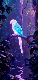 A neon parrot glows vibrantly in a mystical jungle setting.