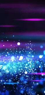 Neon particles with blue and purple glow on a vibrant background.