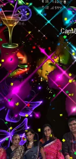 Neon party-themed wallpaper with vibrant colors and confetti visuals.