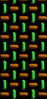 Vibrant neon pattern with green and orange pills on black background.