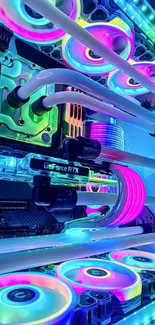 Vibrant neon computer setup with RGB lighting and fans.