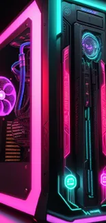 Futuristic neon PC tower wallpaper with glowing pink and blue accents.