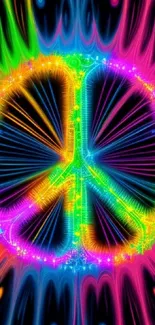 Vibrant neon peace sign with psychedelic colors.