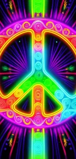 Bright neon peace sign with colorful, vibrant energy and symmetrical design.