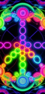 Vibrant neon peace sign wallpaper with psychedelic design and colorful circles.