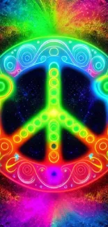 Vibrant neon peace symbol with colorful cosmic backdrop.