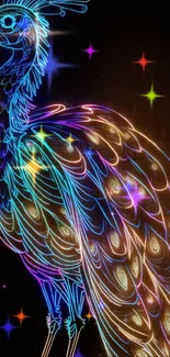 Vibrant neon peacock digital art wallpaper with glowing colors.