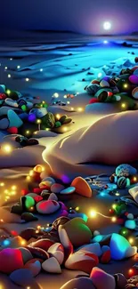 Vibrant neon pebble beach at night with glowing lights.