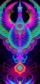 Vibrant neon phoenix wallpaper with intricate patterns and vivid colors.