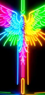 Vibrant neon phoenix art creating a luminous display on a black background.