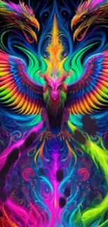 Colorful neon phoenix with vibrant wings and glowing flames.