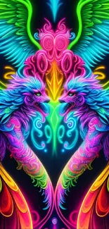 Vibrant neon phoenix design with colorful wings on a dark background.