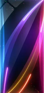 Vibrant neon light streaks with colorful hues on a black mobile wallpaper.