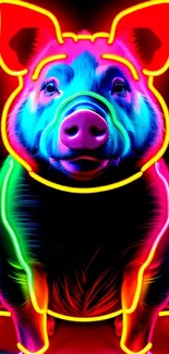 Vibrant neon pig art with colorful lighting.