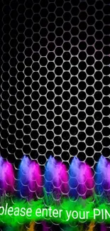 Colorful neon wallpaper with PIN prompt over honeycomb pattern.