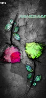 Neon pink and green roses on dark textured background wallpaper.