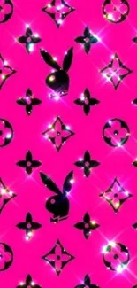 Neon pink wallpaper with glossy black motifs.