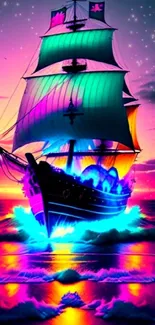 Vibrant neon pirate ship sailing at twilight.